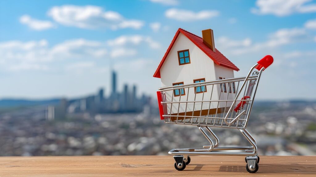 ai generated, house, model, shopping cart, city, skyline, real estate, investment, property, buy, sale, urban, market, design, miniature, architecture, home, construction, housing, ownership, nature, outdoor, business, lifestyle